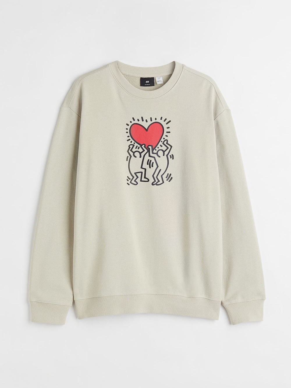 H&M White Crewneck Sweatshirt with Red Heart Keith Haring Graphic